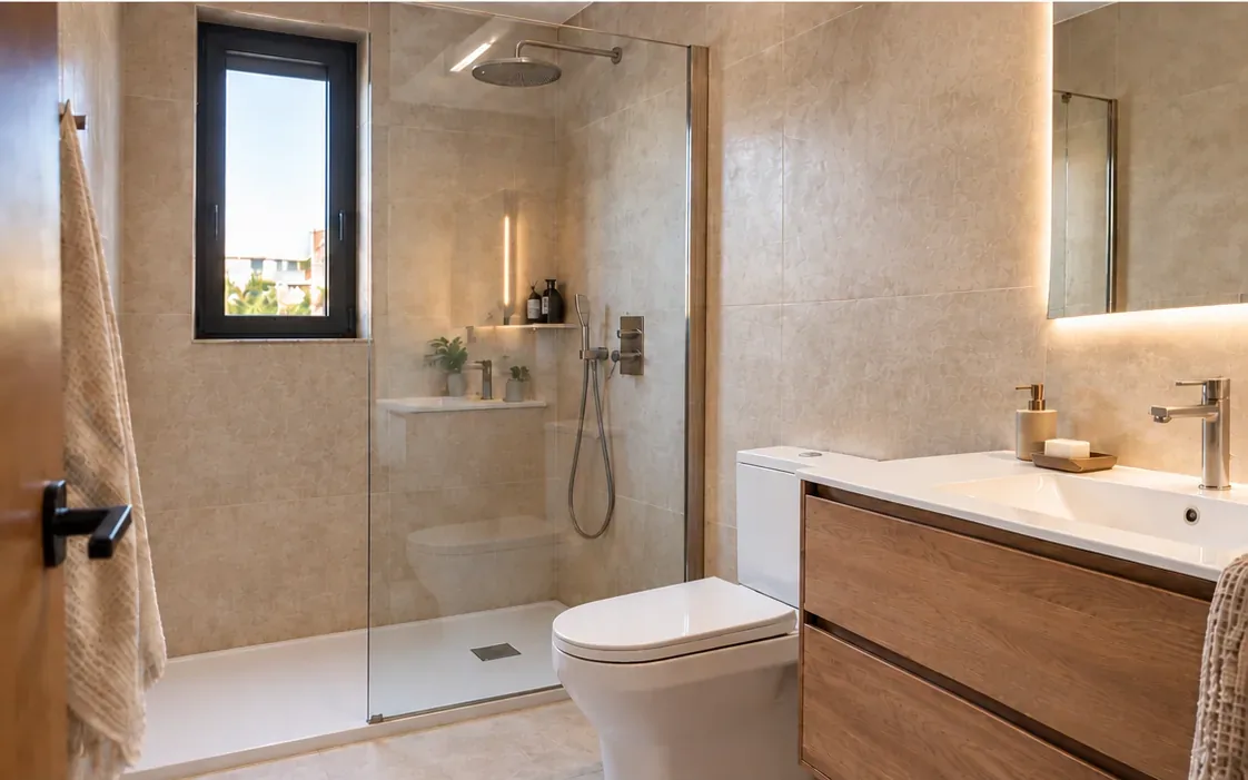 Baño reformado con ducha de obra y mueble de madera