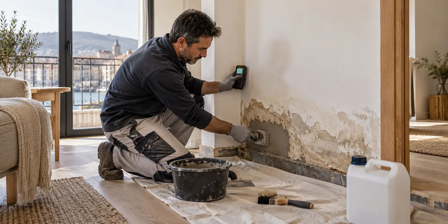 Pared con manchas de humedad antes de su tratamiento