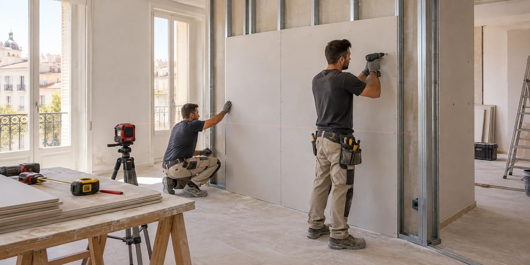 Estructura metálica y placas de yeso en una habitación en obra