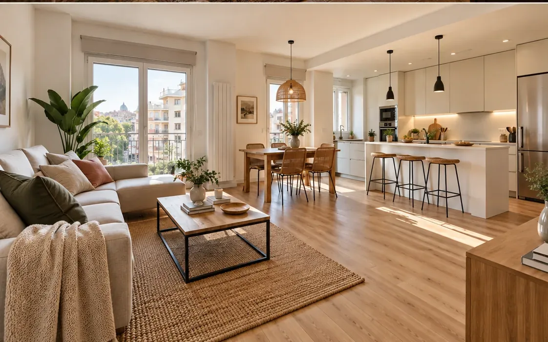 Vivienda reformada con salón amplio y acabados en tonos claros